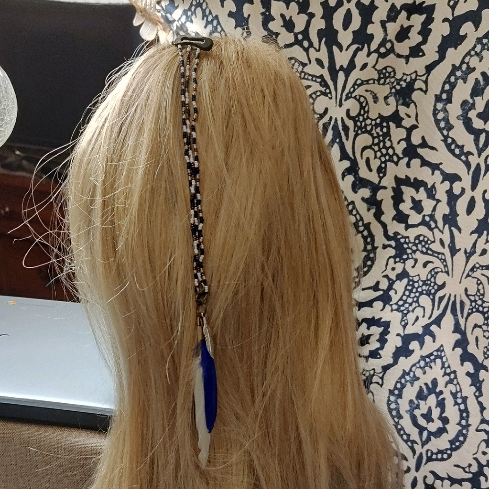 Handcrafted Beaded Feather Hair Clip - Blue & White